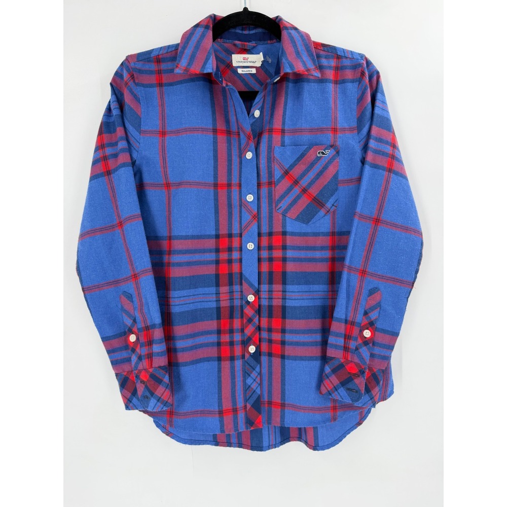 Vineyard Vines Button Down Women Size‎ 0 Blue Red Plaid Relaxed Preppy Coastal - Picture 2 of 12